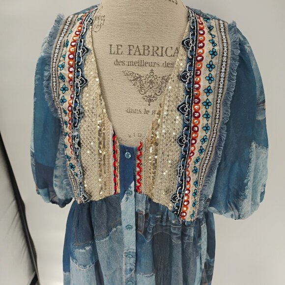 LONG DRESS WITH THREE QUARTER SLEEVES IMITATION DENIM PATCHES WITH SEQUIN - Picture 6 of 13